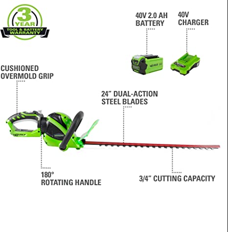 Greenworks 40V 24" Cordless Hedge Trimmer, 2.0Ah Battery and Charger Included